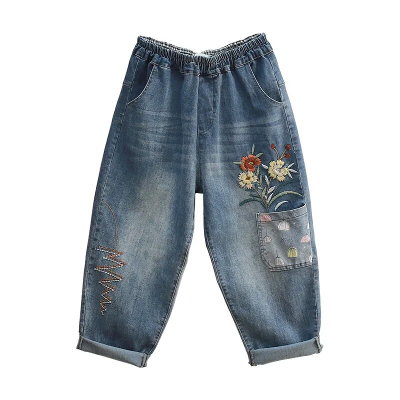 Kevadsuvi Teksad Naine Lilletikandid Pleegitatud Tasku Lahtine Stretch Vintage säärepikkusega Elastne vöökoht Õhukesed haaremipüksid