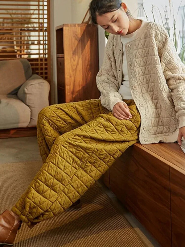 Storos šiltos dygsniuotos medvilnės žydinčios kelnės Laisvalaikio žieminio maišelio moteriškos kelnaitės su aukštu juosmeniu, negabaritinės 5xl haremo bėgimo kelnės.