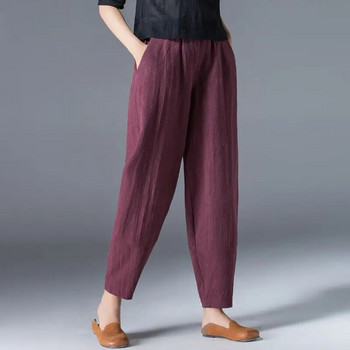 Свободни и тънки анти-памучни панталони с широки крачоли на ластика на талията Ретро арт ежедневни едноцветни панталони Простота Модно дамско облекло