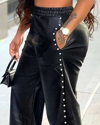 Γυναικείο ντεκόρ Σχέδιο τσέπης Δερμάτινο PU παντελόνι φαρδύ 2023 Νέο σέξι γυναικείο παντελόνι με ψηλόμεσο κουμπιά Γυναικεία ρούχα y2k