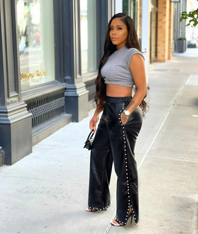 Naiste naastudega sisekujundus taskudisain PU-nahast laia säärega püksid 2023, uued seksikad naisterahva kõrge vöökohaga nööpidega püksid, naiste rõivad y2k