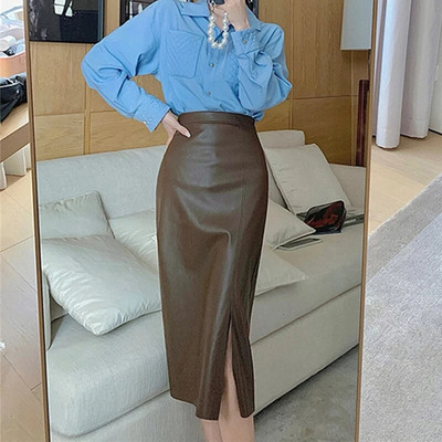 Seoulish, 2023 m. Naujas PU odos moteriškas ilgas sijonas rudens žieminis sijonas su aukšta juosta, moteriškas tiesus šoninis A formos pieštukų sijonas