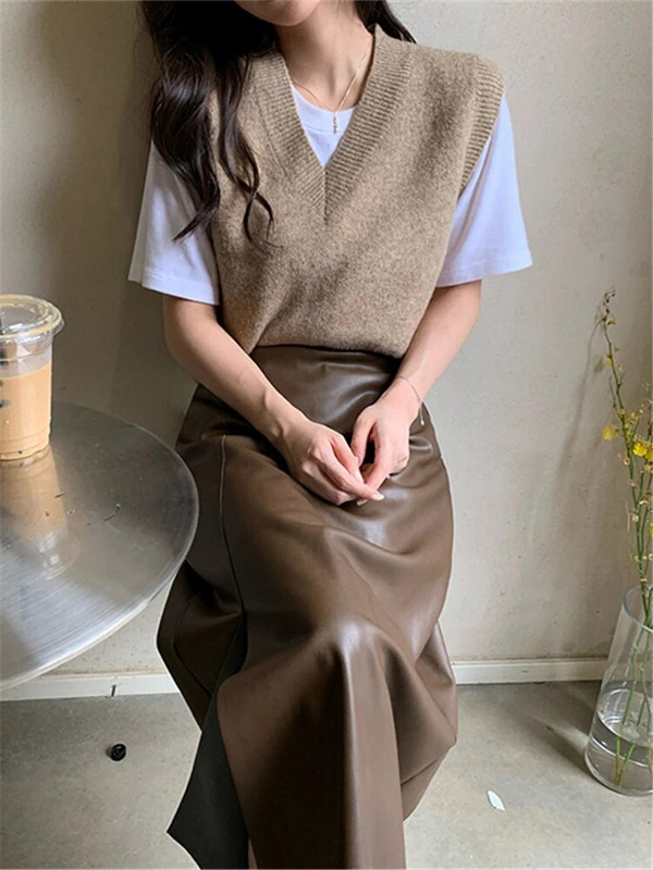 Seoulish, 2023 m. Naujas PU odos moteriškas ilgas sijonas rudens žieminis sijonas su aukšta juosta, moteriškas tiesus šoninis A formos pieštukų sijonas