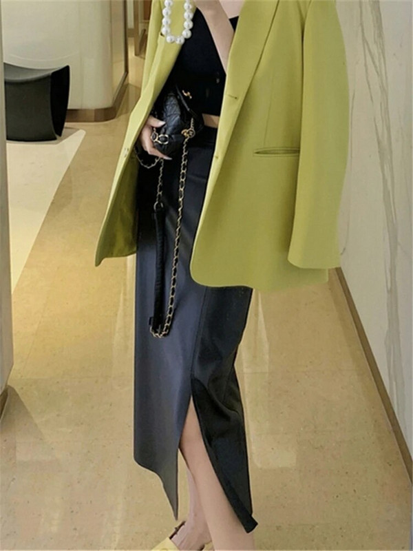 Seoulish, 2023 m. Naujas PU odos moteriškas ilgas sijonas rudens žieminis sijonas su aukšta juosta, moteriškas tiesus šoninis A formos pieštukų sijonas