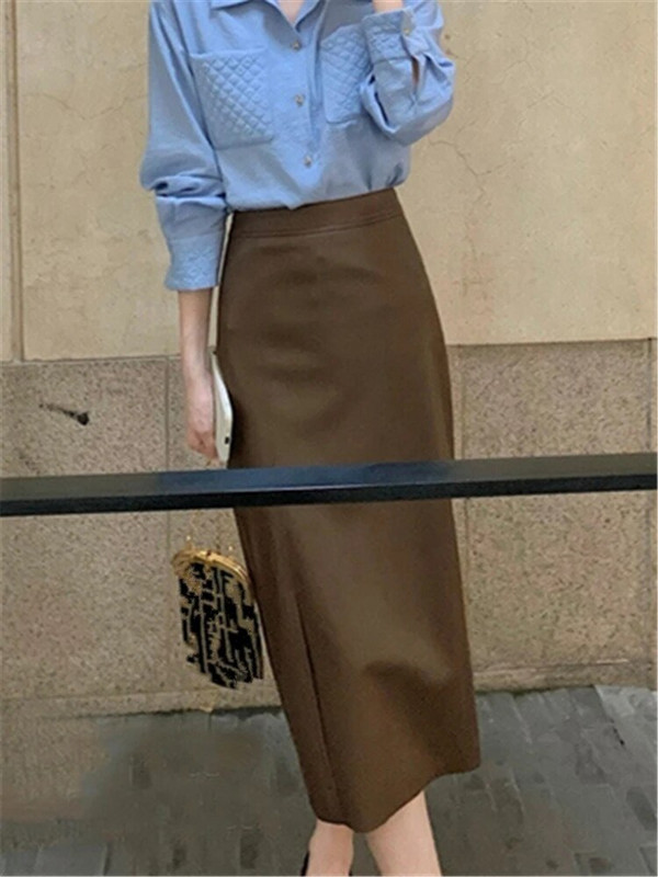 Seoulish, 2023 m. Naujas PU odos moteriškas ilgas sijonas rudens žieminis sijonas su aukšta juosta, moteriškas tiesus šoninis A formos pieštukų sijonas