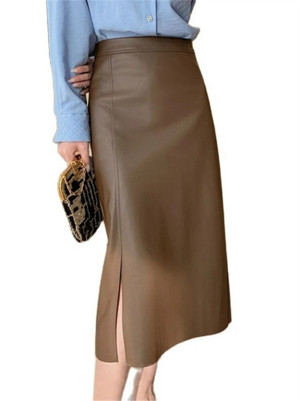 Seoulish, 2023 m. Naujas PU odos moteriškas ilgas sijonas rudens žieminis sijonas su aukšta juosta, moteriškas tiesus šoninis A formos pieštukų sijonas
