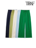 TRAF Naiste Mood Küljetaskud Linased laiad püksid Vintage kõrge elastne vöökoht pingutusnööriga Naiste püksid Mujer