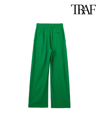 TRAF Дамски модни ленени широки панталони със странични джобове Vintage Висока еластична талия с шнур Дамски панталони Mujer