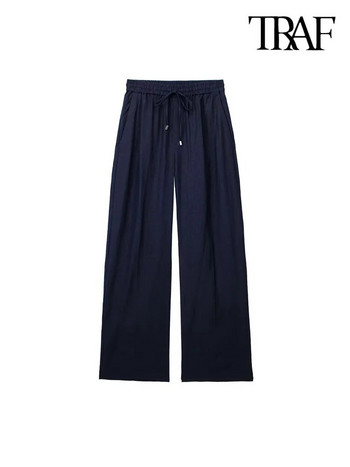 TRAF Дамски модни ленени широки панталони със странични джобове Vintage Висока еластична талия с шнур Дамски панталони Mujer