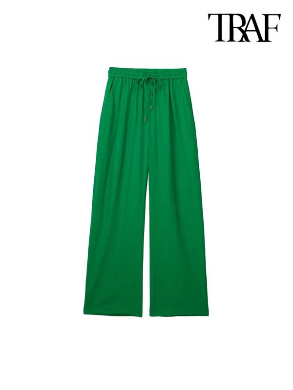 TRAF Naiste Mood Küljetaskud Linased laiad püksid Vintage kõrge elastne vöökoht pingutusnööriga Naiste püksid Mujer