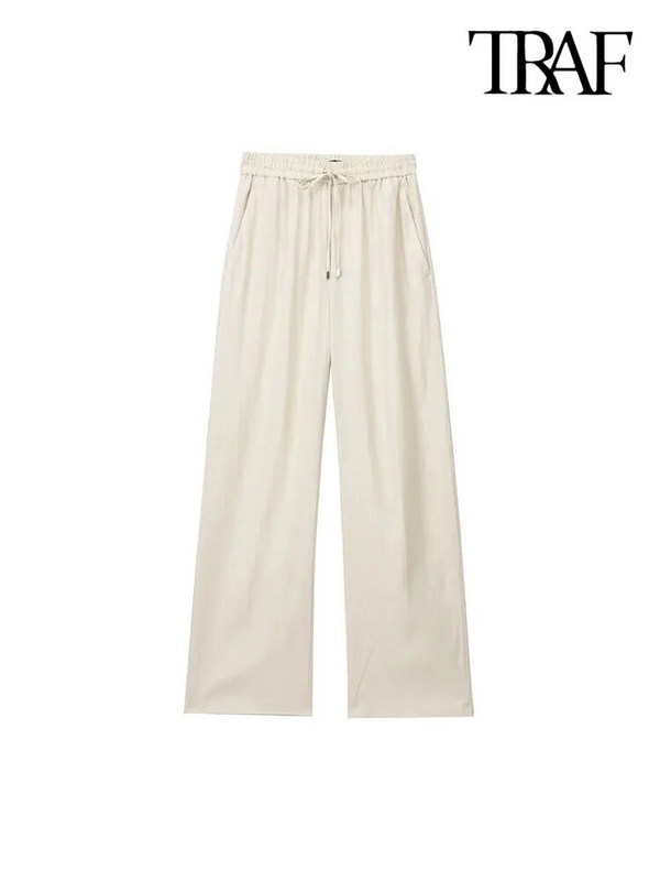 TRAF Naiste Mood Küljetaskud Linased laiad püksid Vintage kõrge elastne vöökoht pingutusnööriga Naiste püksid Mujer