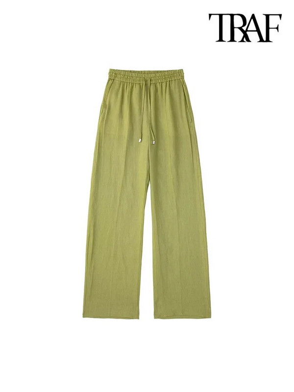 TRAF Naiste Mood Küljetaskud Linased laiad püksid Vintage kõrge elastne vöökoht pingutusnööriga Naiste püksid Mujer