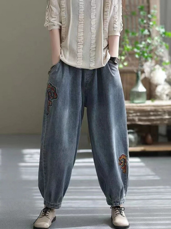 Y2k stiilis vabaaja elastne vöökoht tikandid Uued teksad naistele suvised lahtised haaremipüksid kevadised korea mood Suures suuruses riided