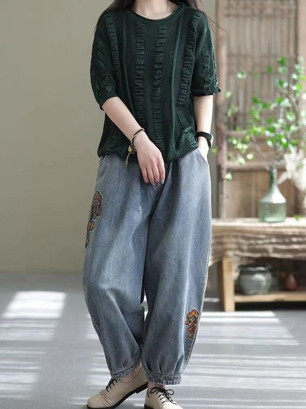 Y2k stiilis vabaaja elastne vöökoht tikandid Uued teksad naistele suvised lahtised haaremipüksid kevadised korea mood Suures suuruses riided