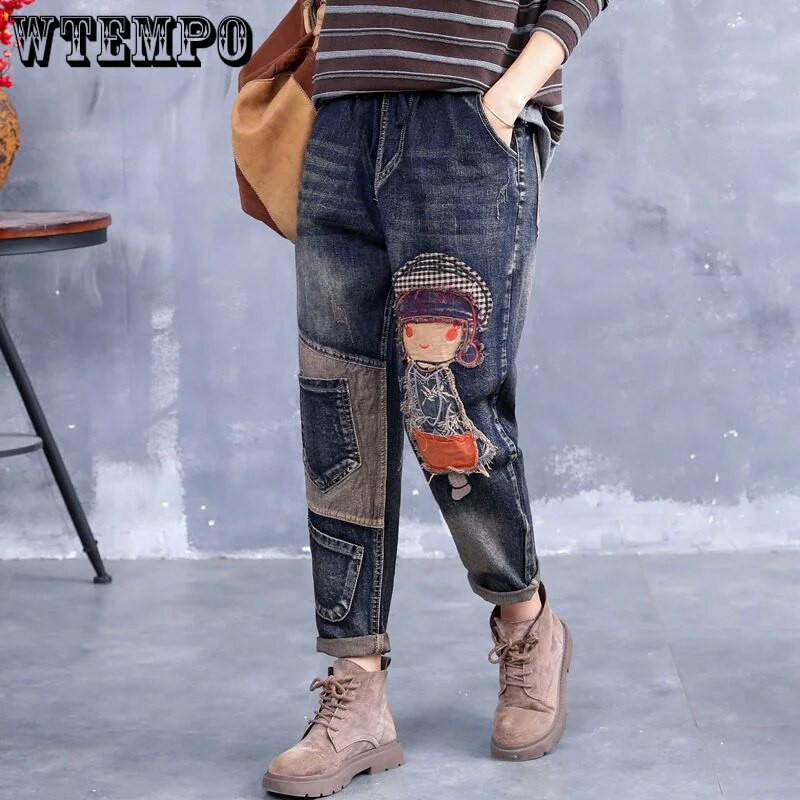 WTEMPO Oversize teksad Naiste vaba kõrge vöökohaga Retro vabaaja püksid Tänavarõivad Ameerika mood Denim Püksid Drop Shipping