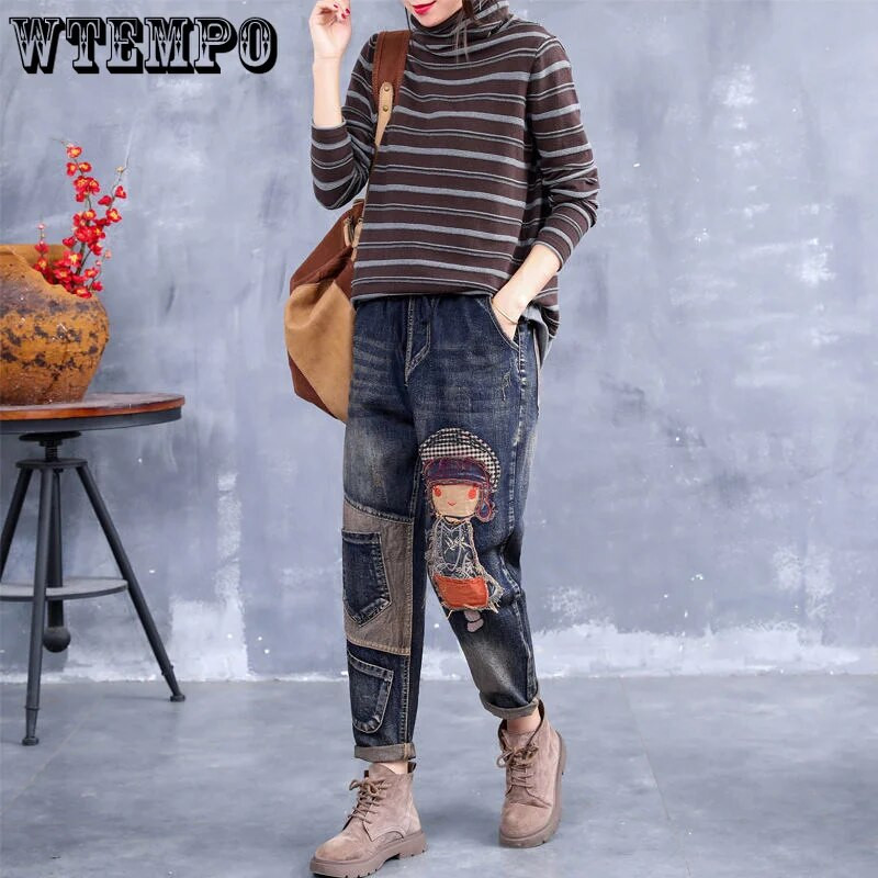 WTEMPO Oversize teksad Naiste vaba kõrge vöökohaga Retro vabaaja püksid Tänavarõivad Ameerika mood Denim Püksid Drop Shipping