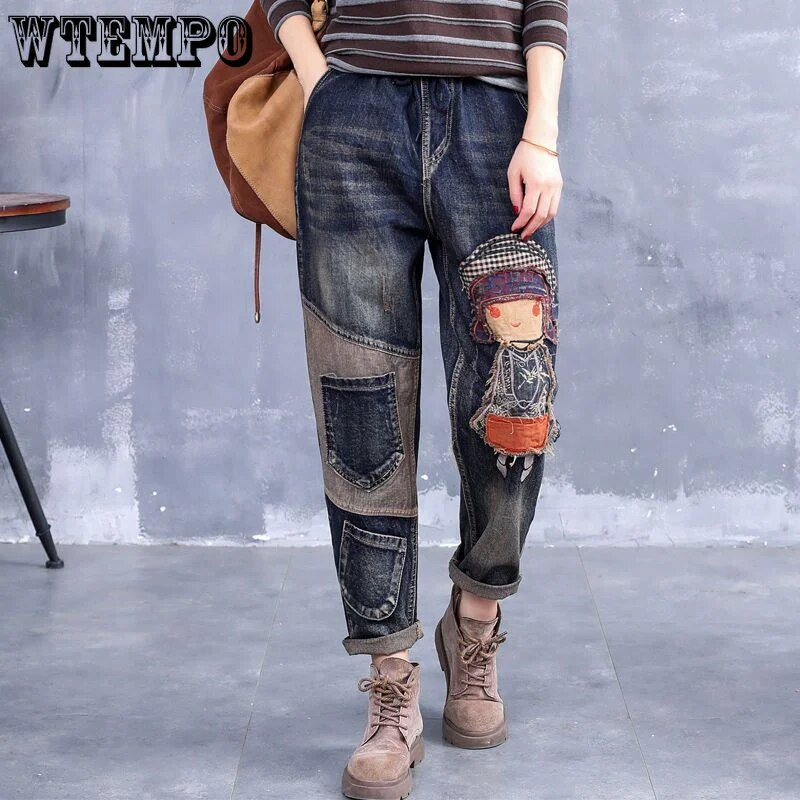 WTEMPO Oversize teksad Naiste vaba kõrge vöökohaga Retro vabaaja püksid Tänavarõivad Ameerika mood Denim Püksid Drop Shipping