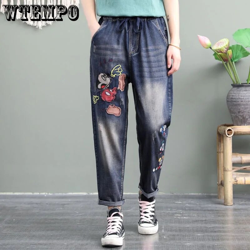 WTEMPO Oversize teksad Naiste vaba kõrge vöökohaga Retro vabaaja püksid Tänavarõivad Ameerika mood Denim Püksid Drop Shipping