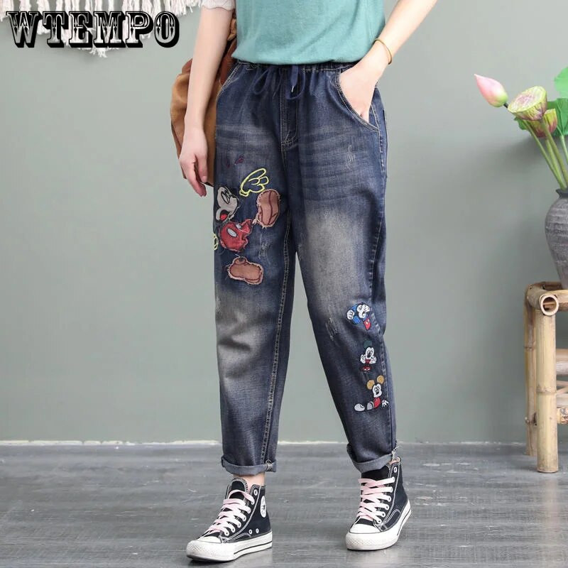 WTEMPO Oversize teksad Naiste vaba kõrge vöökohaga Retro vabaaja püksid Tänavarõivad Ameerika mood Denim Püksid Drop Shipping