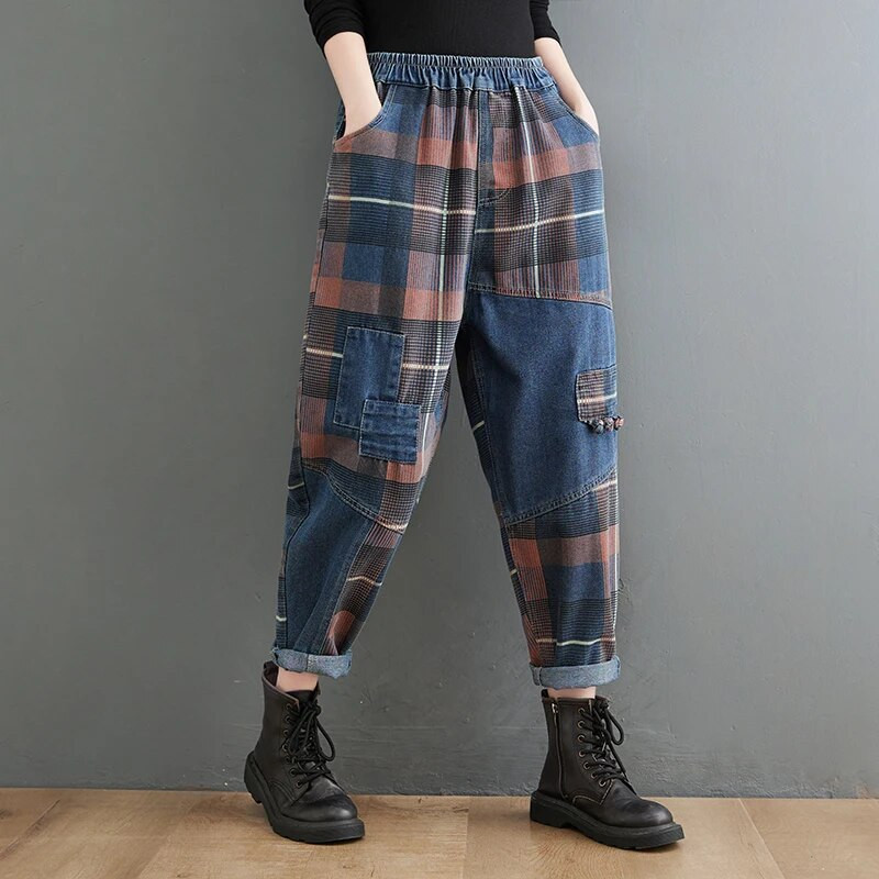 Madingi rudens negabaritiniai džinsai Nauji moteriški elastingi juosmuo Laisvai skalbti marginti languota haremo kelnės Vintažinės moteriškos nepriklausomos liaudies kelnės