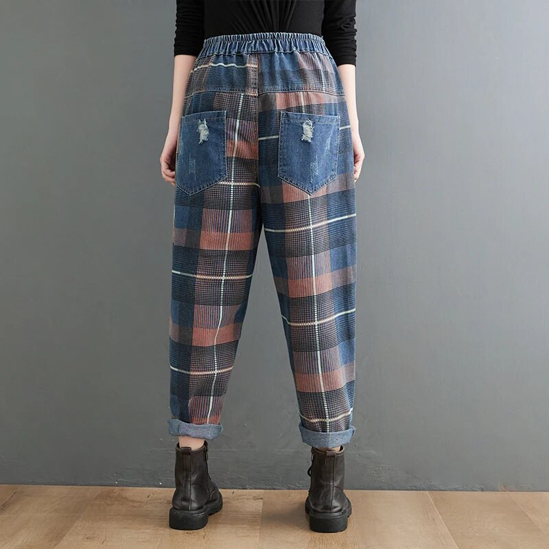 Madingi rudens negabaritiniai džinsai Nauji moteriški elastingi juosmuo Laisvai skalbti marginti languota haremo kelnės Vintažinės moteriškos nepriklausomos liaudies kelnės