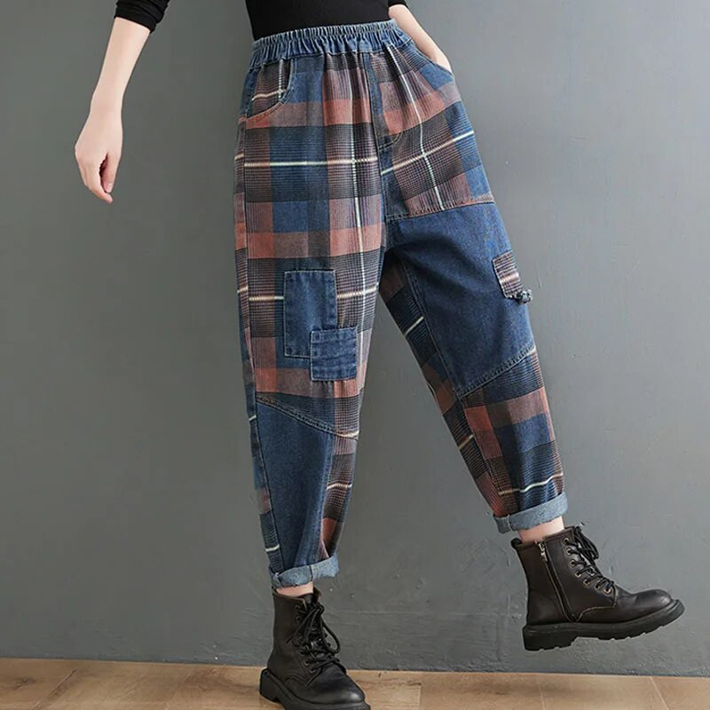 Madingi rudens negabaritiniai džinsai Nauji moteriški elastingi juosmuo Laisvai skalbti marginti languota haremo kelnės Vintažinės moteriškos nepriklausomos liaudies kelnės