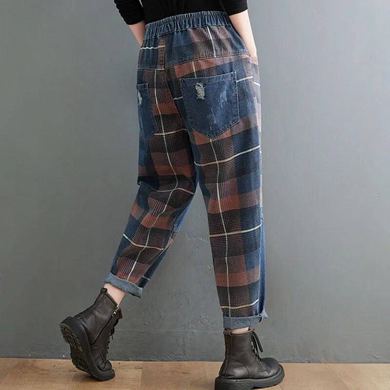 Madingi rudens negabaritiniai džinsai Nauji moteriški elastingi juosmuo Laisvai skalbti marginti languota haremo kelnės Vintažinės moteriškos nepriklausomos liaudies kelnės