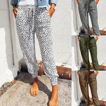 Дамски панталони с леопардови щампи Свободни дълги панталони с връзки и джобове за ежедневието Лято Пролет Есен Панталон с молив Улично облекло