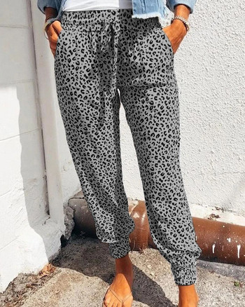 Дамски панталони с леопардови щампи Свободни дълги панталони с връзки и джобове за ежедневието Лято Пролет Есен Панталон с молив Улично облекло