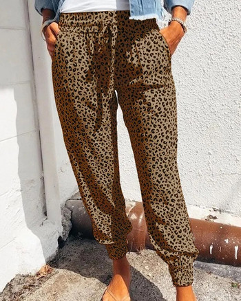 Γυναικείο παντελόνι με στάμπα Leopard Φαρδύ παντελόνι με κορδόνια μακριά μέση με τσέπες για καθημερινό καλοκαίρι, φθινοπωρινό μολύβι παντελόνι Streetwear