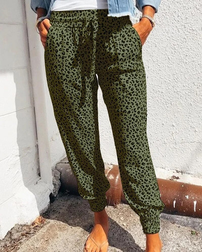 Pantaloni cu imprimeu leopard pentru femei Pantaloni lungi cu șireturi largi, cu buzunare, pentru zilnic, vară, primăvară, toamnă, pantaloni creion, îmbrăcăminte de stradă