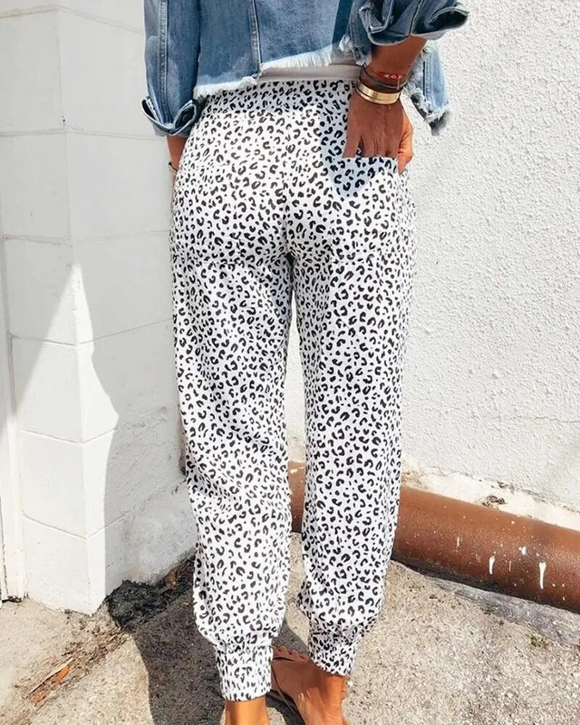 Naiste leopardtrükiga püksid, avarad nööriga vöökohaga pikad taskutega püksid igapäevaseks suveks kevadsügiseks pliiatsipüksid tänavarõivasteks
