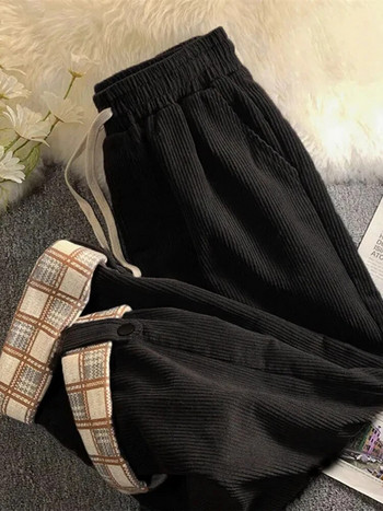 JMPRS Fashion καρό γυναικείο κοτλέ παντελόνι Ψηλόμεσο φθινόπωρο μαύρο κορεάτικο φαρδύ ίσιο παντελόνι Casual παντελόνι με κορδόνια