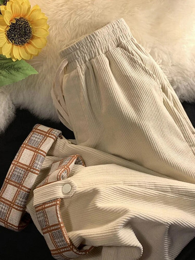 JMPRS Fashion Plaid Hemming Moteriškos velvetinės kelnės aukštu juosmeniu rudos juodos korėjietiškos laisvos tiesios kelnės Laisvalaikės su raišteliu kelnės