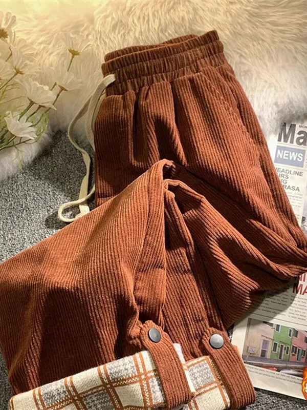 JMPRS Fashion Plaid Hemming Moteriškos velvetinės kelnės aukštu juosmeniu rudos juodos korėjietiškos laisvos tiesios kelnės Laisvalaikės su raišteliu kelnės