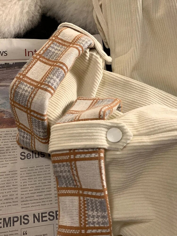 JMPRS Fashion Plaid Hemming Moteriškos velvetinės kelnės aukštu juosmeniu rudos juodos korėjietiškos laisvos tiesios kelnės Laisvalaikės su raišteliu kelnės