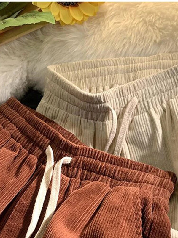 JMPRS Fashion Plaid Hemming Moteriškos velvetinės kelnės aukštu juosmeniu rudos juodos korėjietiškos laisvos tiesios kelnės Laisvalaikės su raišteliu kelnės