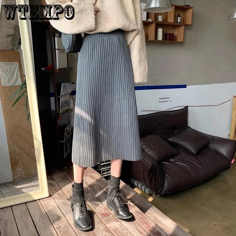 Empire pikad paksud seelikud naistele soe hubane elegantne trendikas vabaaja sobilik Harajuku Korea pehme elastne vöökoht A-joonega kootud seelik