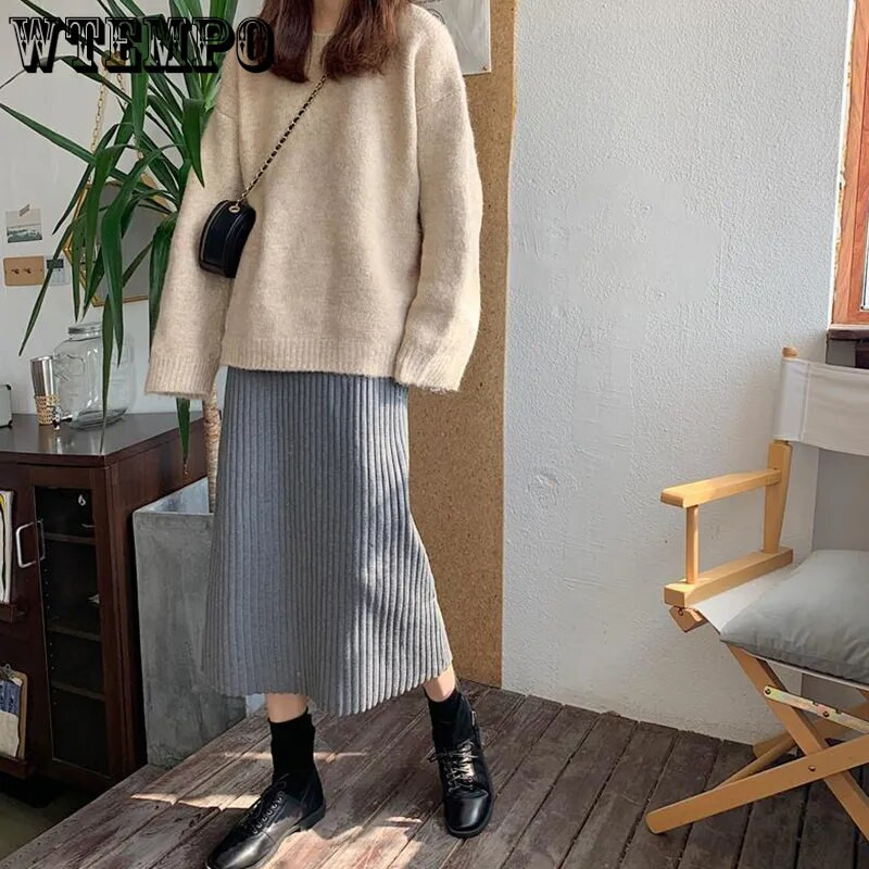 Empire pikad paksud seelikud naistele soe hubane elegantne trendikas vabaaja sobilik Harajuku Korea pehme elastne vöökoht A-joonega kootud seelik