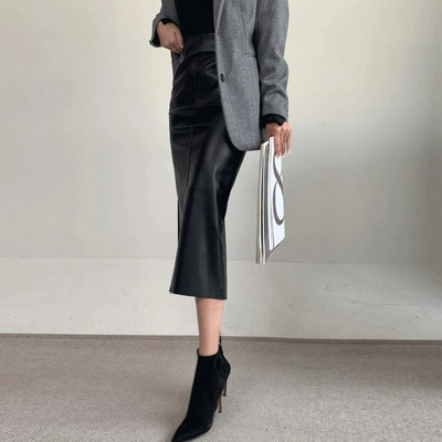 Elegantne mood kunstnahast PU Midiseelikud Naiste Klubirõivad Peorõivad Kontori naissoost kõrge vöökohaga seelikud Bodycon Wrap puusad alt riided