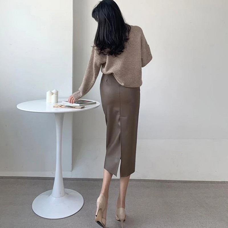 Elegantne mood kunstnahast PU Midiseelikud Naiste Klubirõivad Peorõivad Kontori naissoost kõrge vöökohaga seelikud Bodycon Wrap puusad alt riided