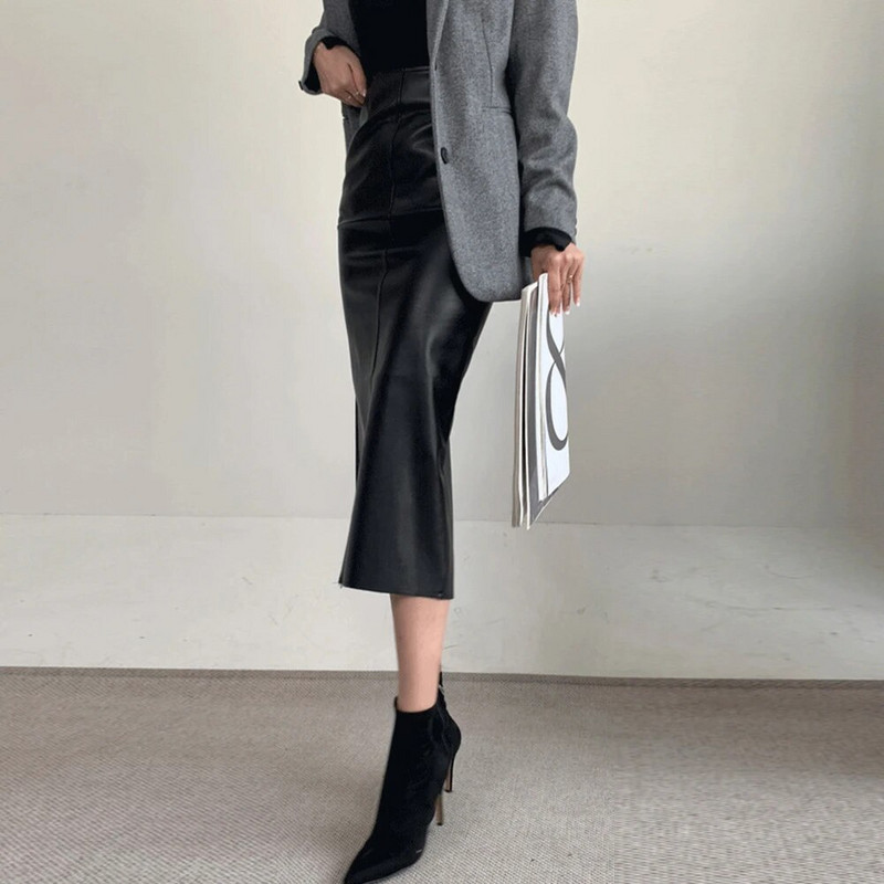 Elegantne mood kunstnahast PU Midiseelikud Naiste Klubirõivad Peorõivad Kontori naissoost kõrge vöökohaga seelikud Bodycon Wrap puusad alt riided