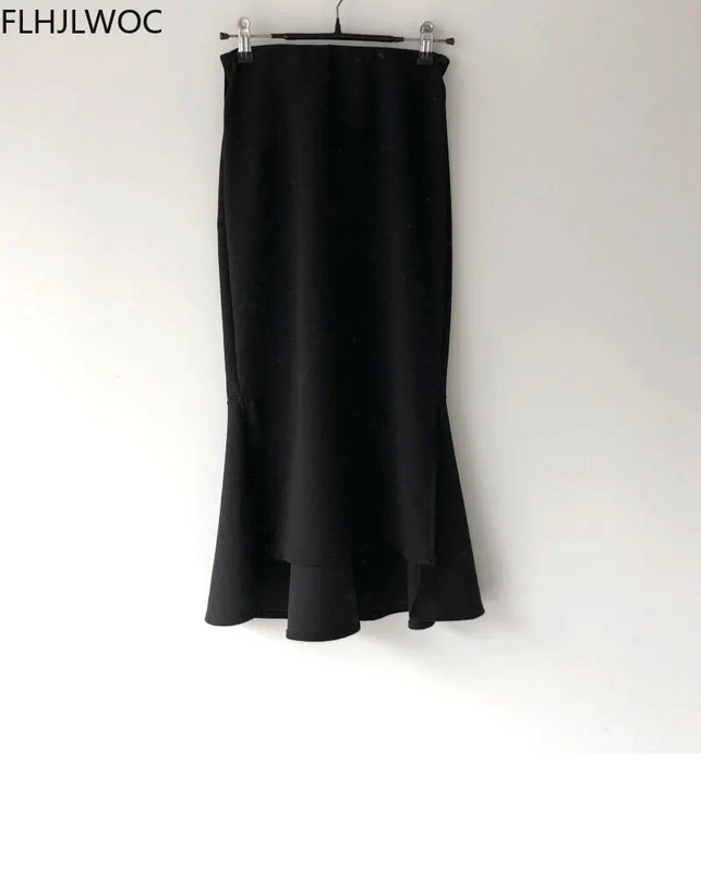 Karštas išpardavimas Naujas dizainas Prašmatnus Korėjos mados moterų biuro moteriškas, vientisas juodas, netaisyklingas aukšto juosmens tunika, ilgai skeltais pieštukų sijonai