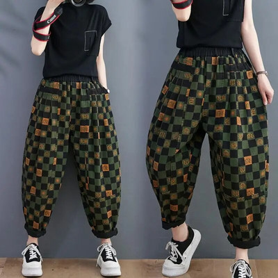 2022. aasta kevadsügis, uus kunst, stiil, naiste elastne vöökoht, ruuduline, puuvillane denim, pahkluuni ulatuvad püksid, vintage lahtised teksad P125