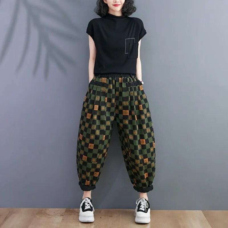 2022. aasta kevadsügis, uus kunst, stiil, naiste elastne vöökoht, ruuduline, puuvillane denim, pahkluuni ulatuvad püksid, vintage lahtised teksad P125