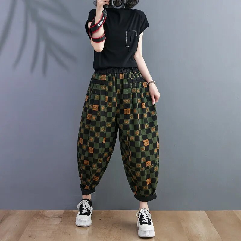 2022. aasta kevadsügis, uus kunst, stiil, naiste elastne vöökoht, ruuduline, puuvillane denim, pahkluuni ulatuvad püksid, vintage lahtised teksad P125