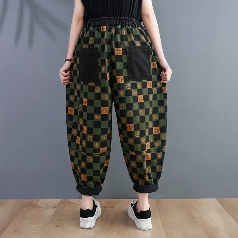 2022. aasta kevadsügis, uus kunst, stiil, naiste elastne vöökoht, ruuduline, puuvillane denim, pahkluuni ulatuvad püksid, vintage lahtised teksad P125