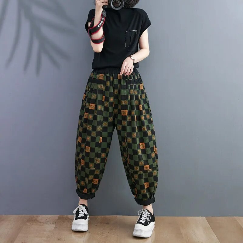 2022. aasta kevadsügis, uus kunst, stiil, naiste elastne vöökoht, ruuduline, puuvillane denim, pahkluuni ulatuvad püksid, vintage lahtised teksad P125