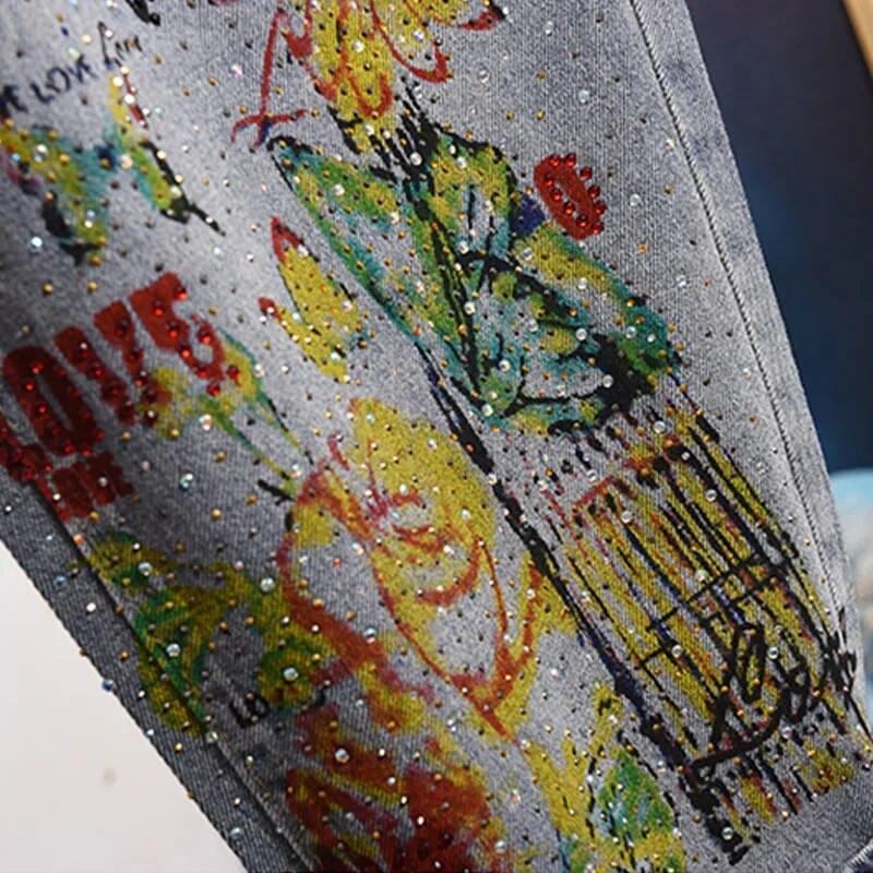 2023. Proljeće ljeto Nove ženske harem hlače s dijamantskim otiskom, ženske modne traperice s elastičnim pojasom Daddy Jeans