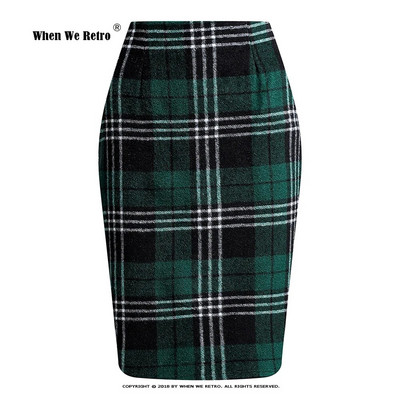 Uus roheline ruuduline villane ümbrisseelik kõrge vöökohaga Bodycon Vintage kontoripliiats seelik naistele selja tõmblukuga lõhikuga Midi seelik VD3594